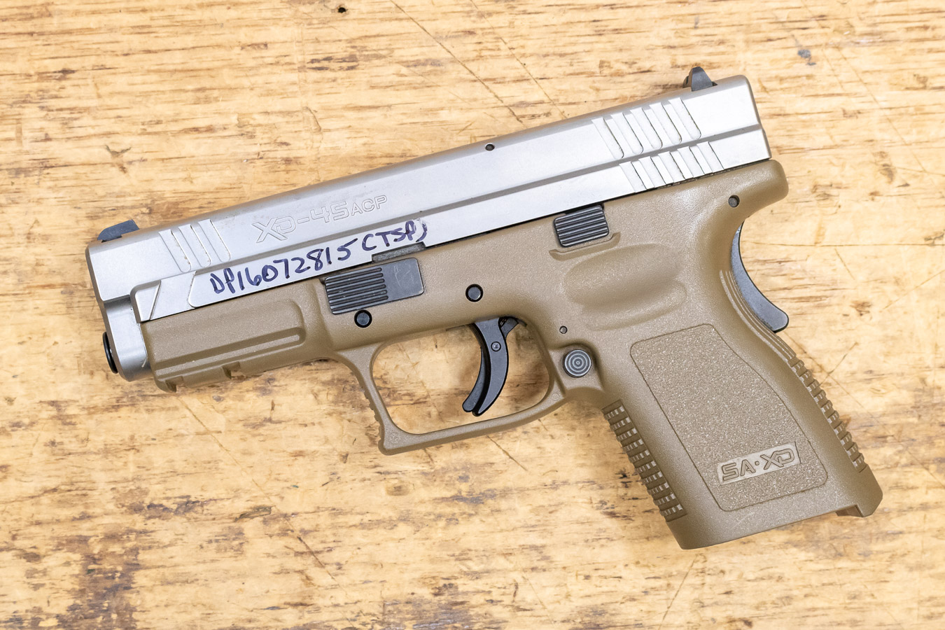 Springfield XD-45 45 ACP Compact Police Trade-in Pistol with FDE Frame and Silver Slide (No Springfield XD-45 45 ACP Compact Police Trade-in Pistol with FDE Frame and Silver Slide (No - Pistols - Los Ranchos Gun Shop